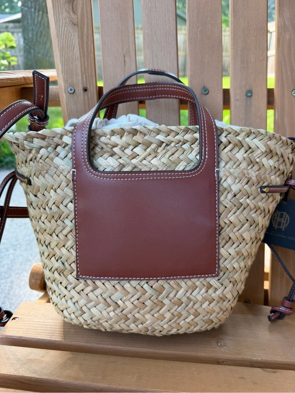 House of Harlow 1960 Woven Straw Basket Bag Brown Leather Studded Crossbody Tote